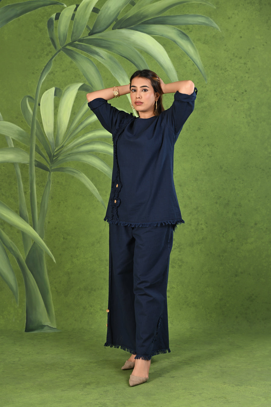 Navy Blue Frayed Solid Linen Cotton Full Sleeve Co-ord Set