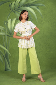 Light Green & White Printed Frock Style Modal & Linen Cotton Half Sleeve Co-ord Set