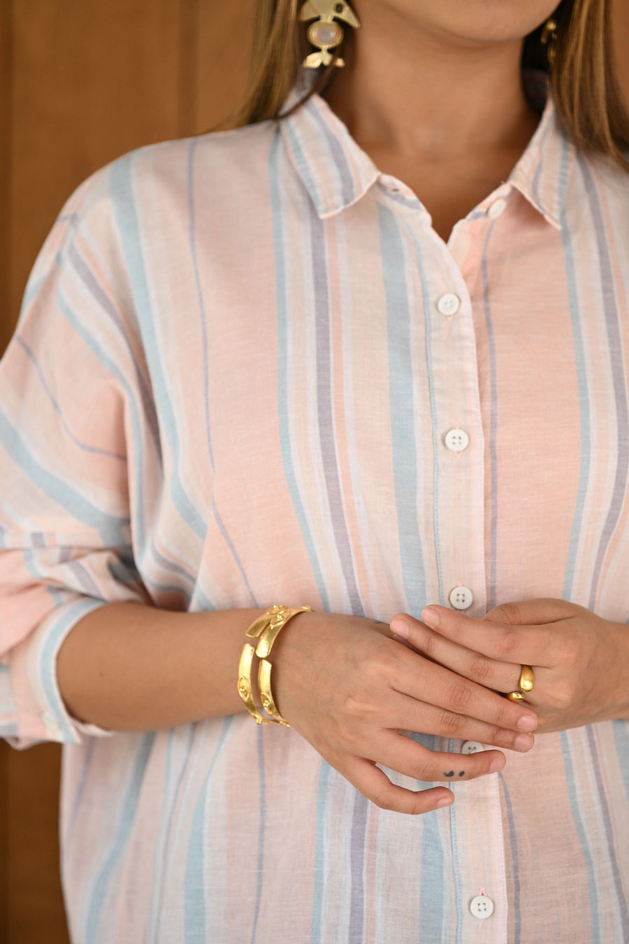 Baby Pink & Blue Striped Pattern Linen Cotton Full Sleeve Co-ord Set