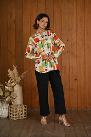 Orange & Green Pattern Printed Modal & Linen Cotton Full Sleeve Co-ord Set