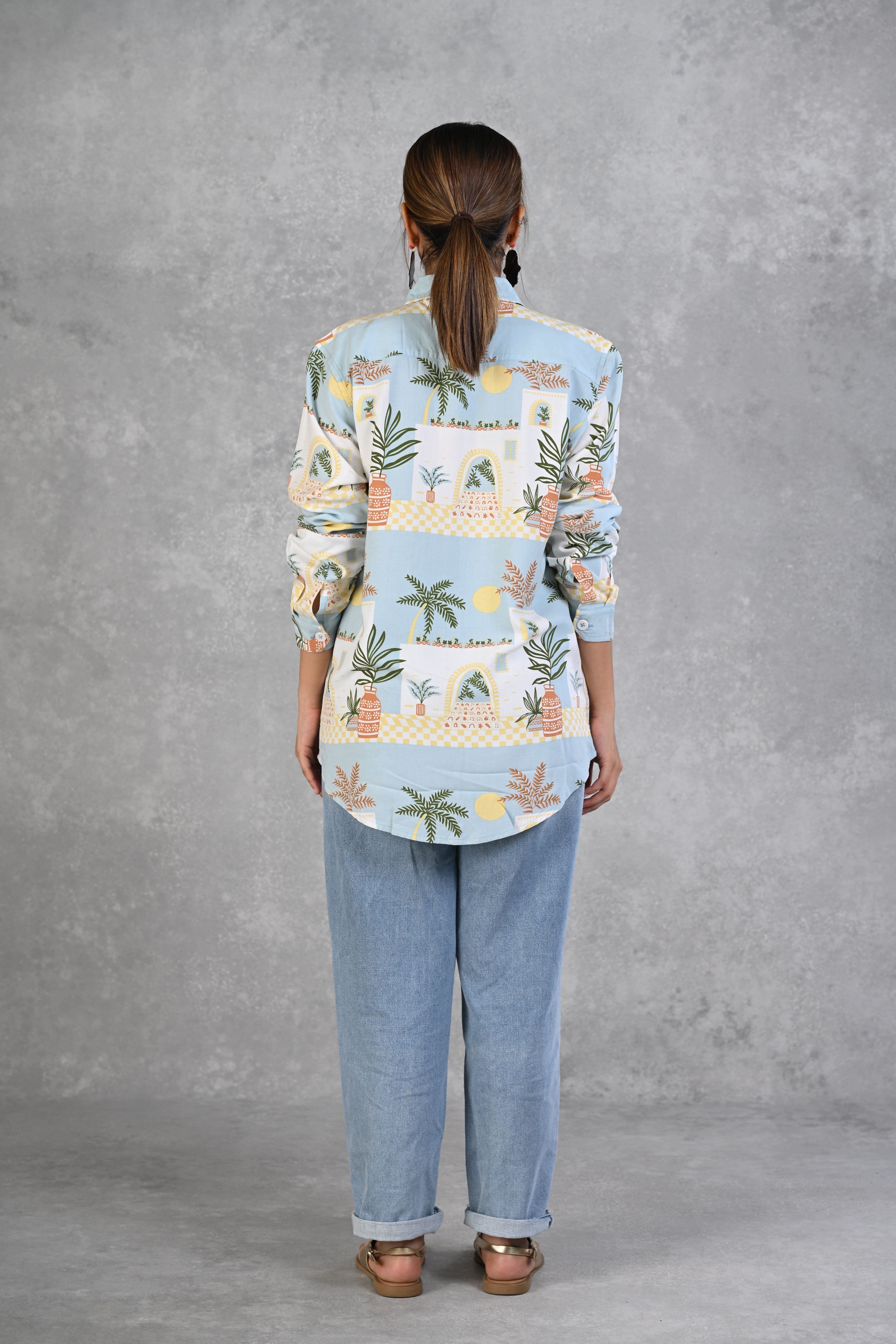 Powder Blue Beach Printed Modal Full Sleeve Shirt