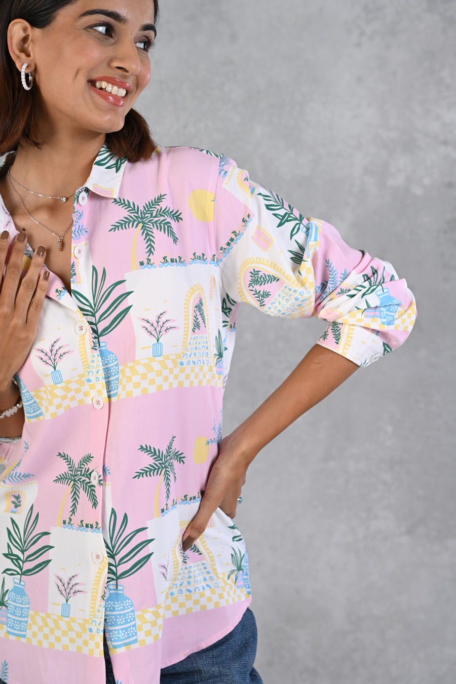 Light Pink Beach Printed Modal Full Sleeve Shirt