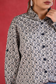 Navy Blue Grey Checkered Cotton Satin Full Sleeve Shirt